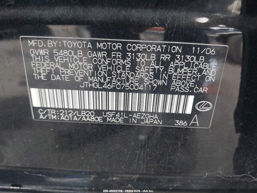 LEXUS LS 460 2007 VIN JTHGL46F075004117