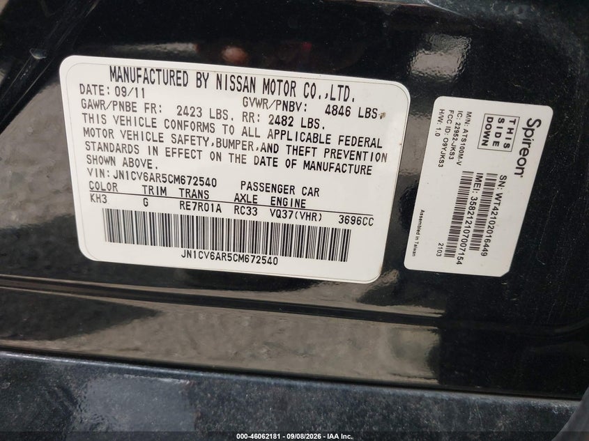 INFINITI G37X 2012 VIN JN1CV6AR5CM672540