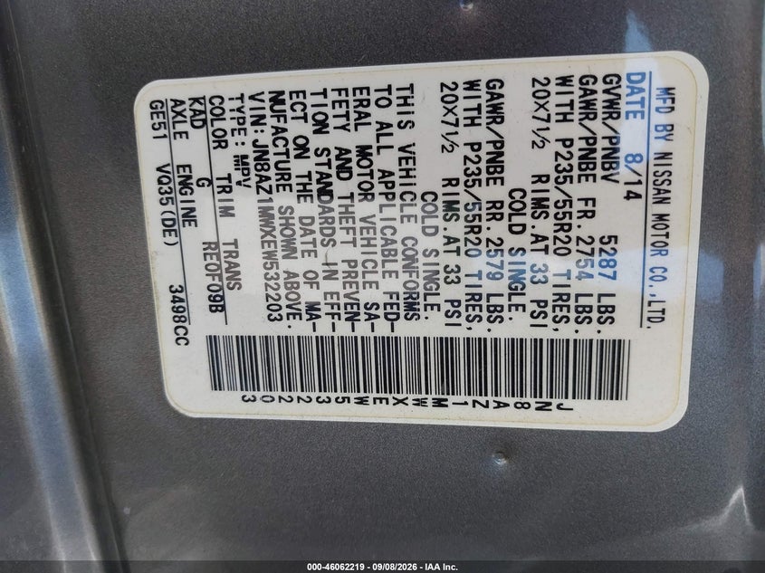 NISSAN MURANO 2014 VIN JN8AZ1MWXEW532203
