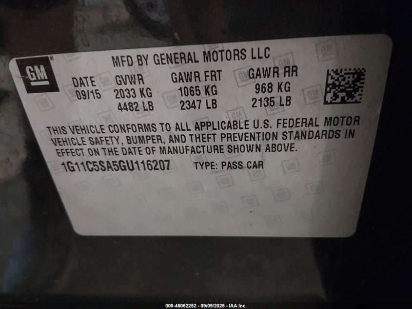 CHEVROLET MALIBU LIMITED 2016 VIN 1G11C5SA5GU116207