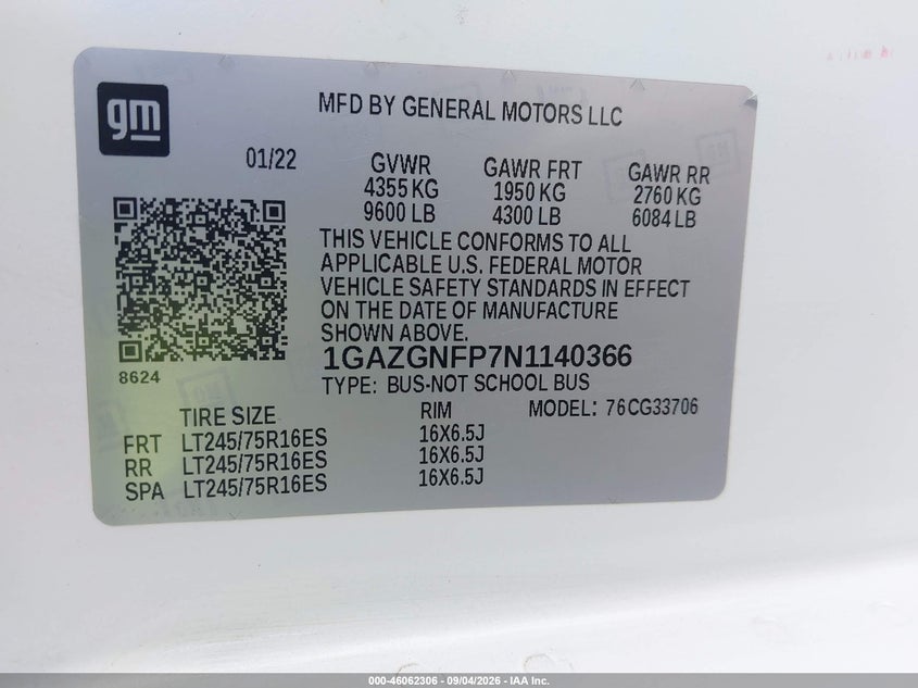 CHEVROLET EXPRESS PASSENGER 2022 VIN 1GAZGNFP7N1140366