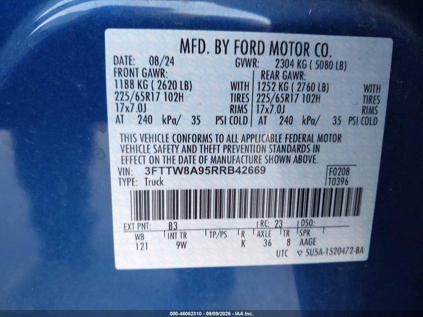FORD MAVERICK 2024 VIN 3FTTW8A95RRB42669