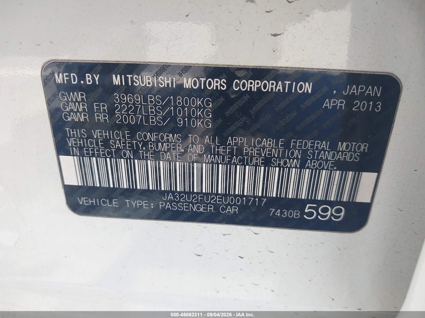 MITSUBISHI LANCER 2014 VIN JA32U2FU2EU001717