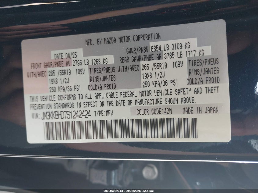 MAZDA CX-90 2025 VIN JM3KKBHD7S1242424