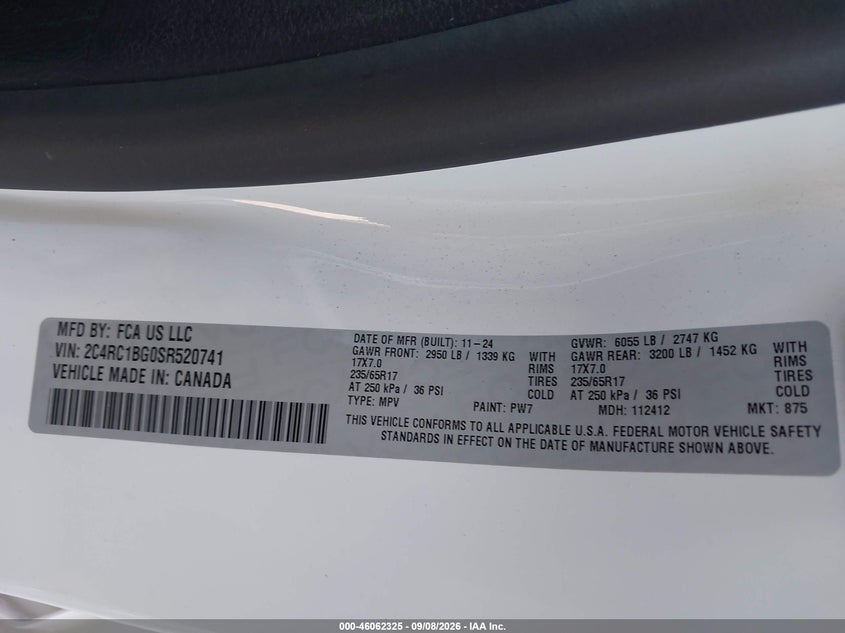 CHRYSLER PACIFICA 2025 VIN 2C4RC1BG0SR520741