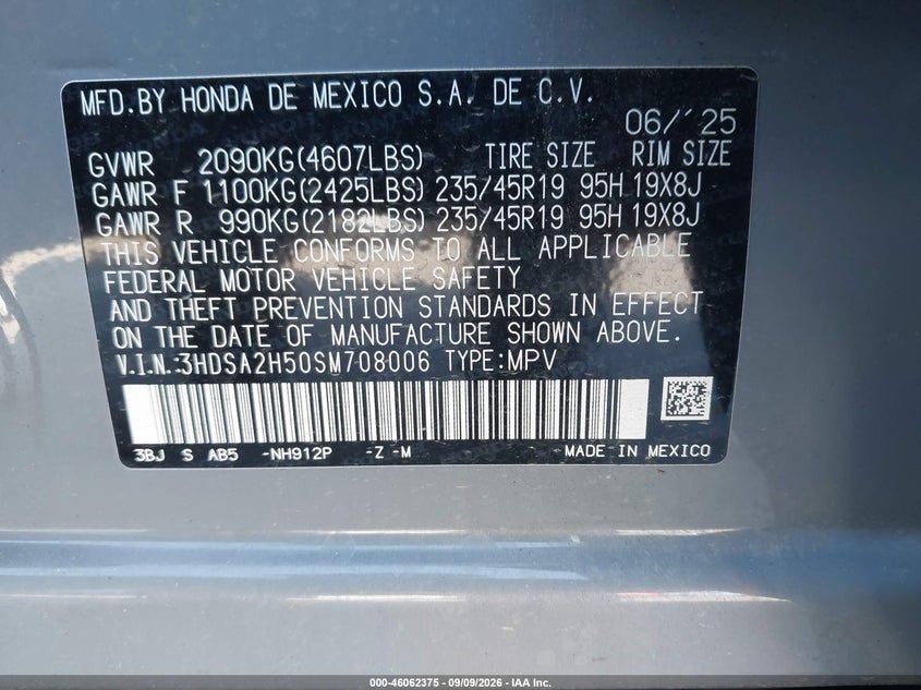 ACURA ADX 2025 VIN 3HDSA2H50SM708006