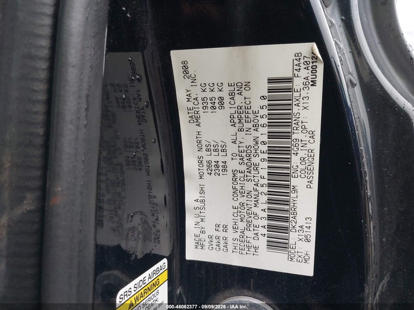 MITSUBISHI ECLIPSE SPYDER 2009 VIN 4A3AL25F19E016550