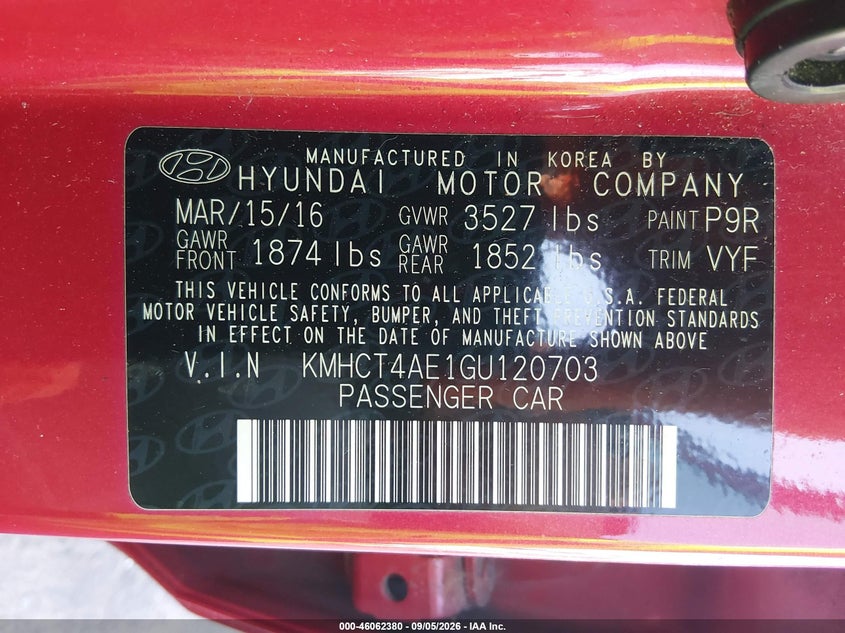 HYUNDAI ACCENT 2016 VIN KMHCT4AE1GU120703