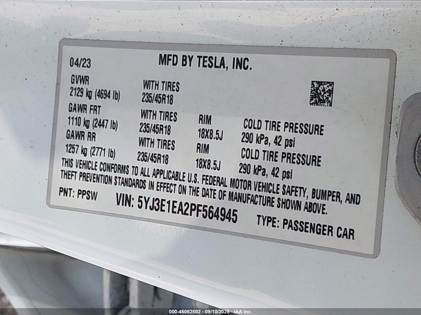 TESLA MODEL 3 2023 VIN 5YJ3E1EA2PF564945