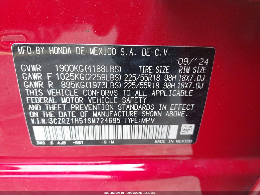 HONDA HR-V 2025 VIN 3CZRZ1H51SM724695