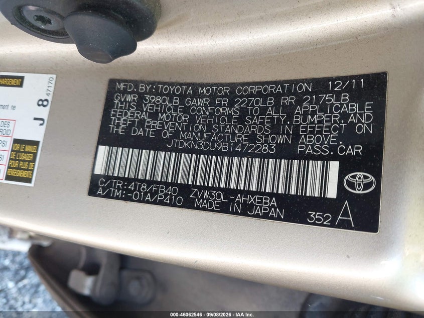 TOYOTA PRIUS 2011 VIN JTDKN3DU9B1472283