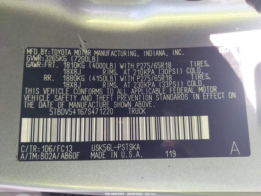 TOYOTA TUNDRA 2007 VIN 5TBDV54167S471220