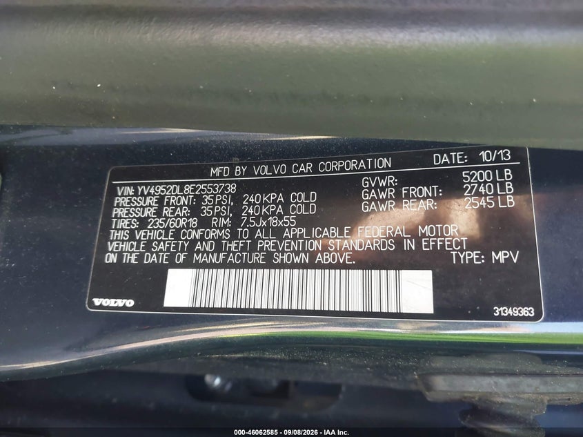VOLVO XC60 2014 VIN YV4952DL8E2553738