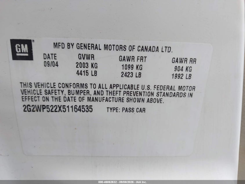 PONTIAC GRAND PRIX 2005 VIN 2G2WP522X51164535