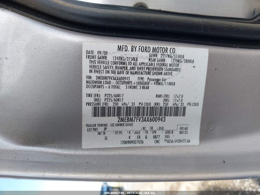 MERCURY GRAND MARQUIS 2010 VIN 2MEBM7FV3AX600943
