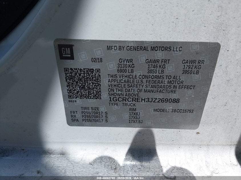 CHEVROLET SILVERADO 1500 2018 VIN 1GCRCREH3JZ269088