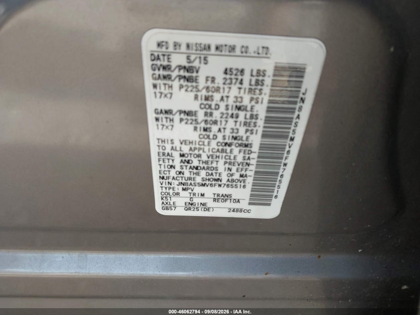 NISSAN ROGUE SELECT 2015 VIN JN8AS5MV6FW765516