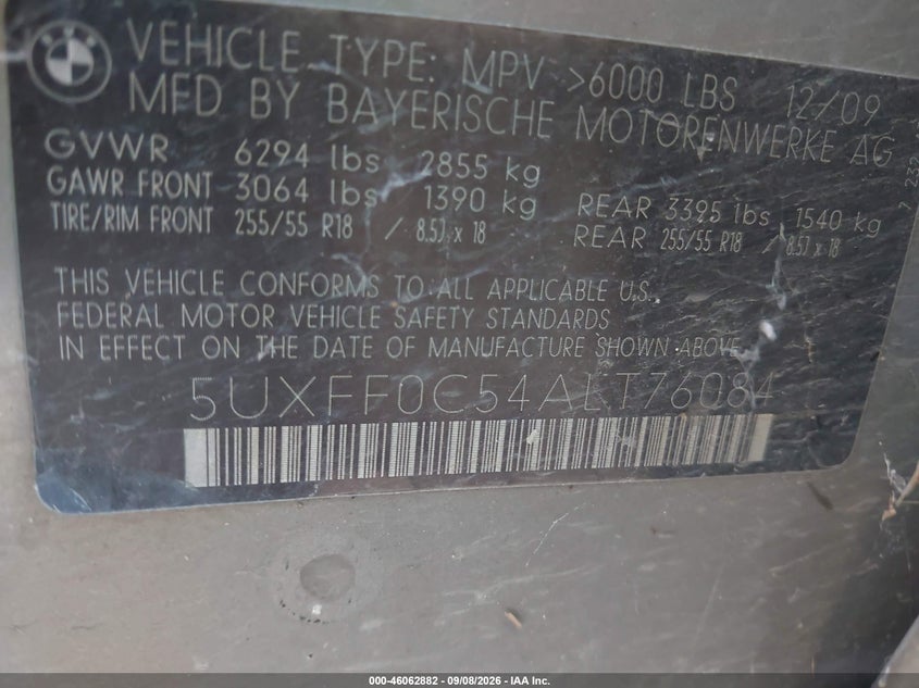 BMW X5 2010 VIN 5UXFF0C54ALT76084