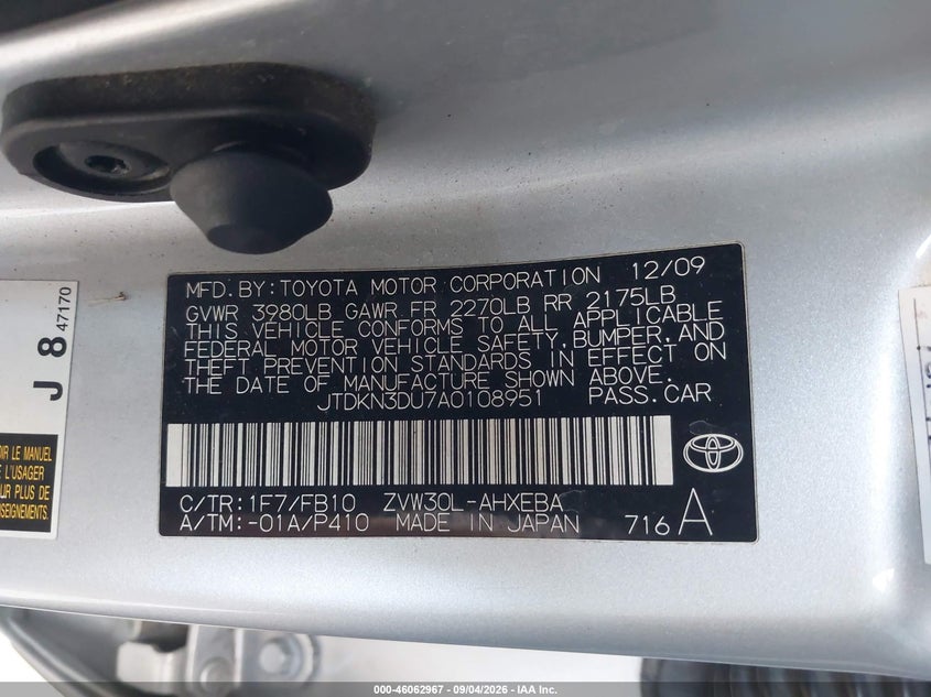 TOYOTA PRIUS 2010 VIN JTDKN3DU7A0108951