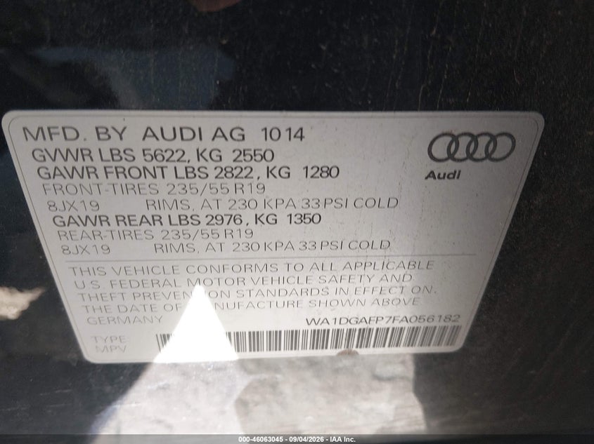 AUDI Q5 2015 VIN WA1DGAFP7FA056182