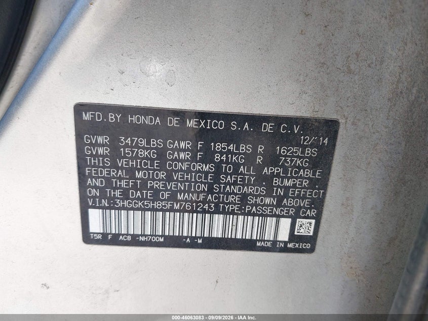 HONDA FIT 2015 VIN 3HGGK5H85FM761243