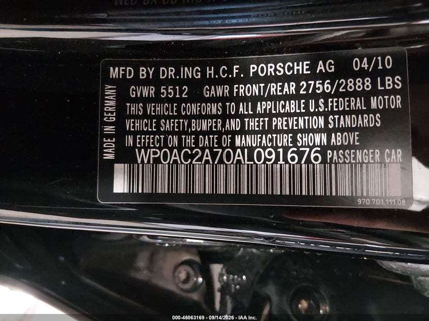 PORSCHE PANAMERA 2010 VIN WP0AC2A70AL091676