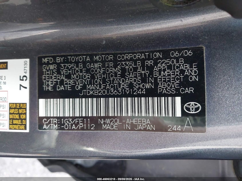TOYOTA PRIUS 2006 VIN JTDKB20U363191244