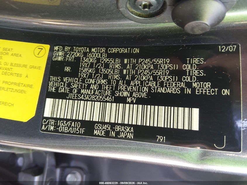 TOYOTA HIGHLANDER 2008 VIN JTEES43A282055461