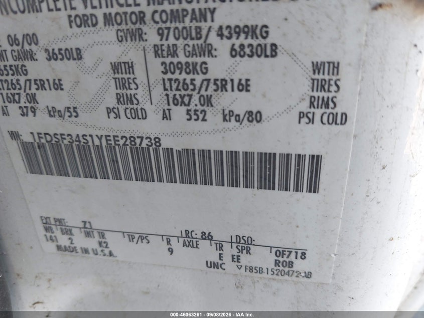 FORD F350 2000 VIN 1FDSF34S1YEE28738