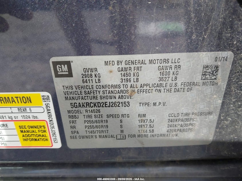BUICK ENCLAVE 2014 VIN 5GAKRCKD2EJ262153
