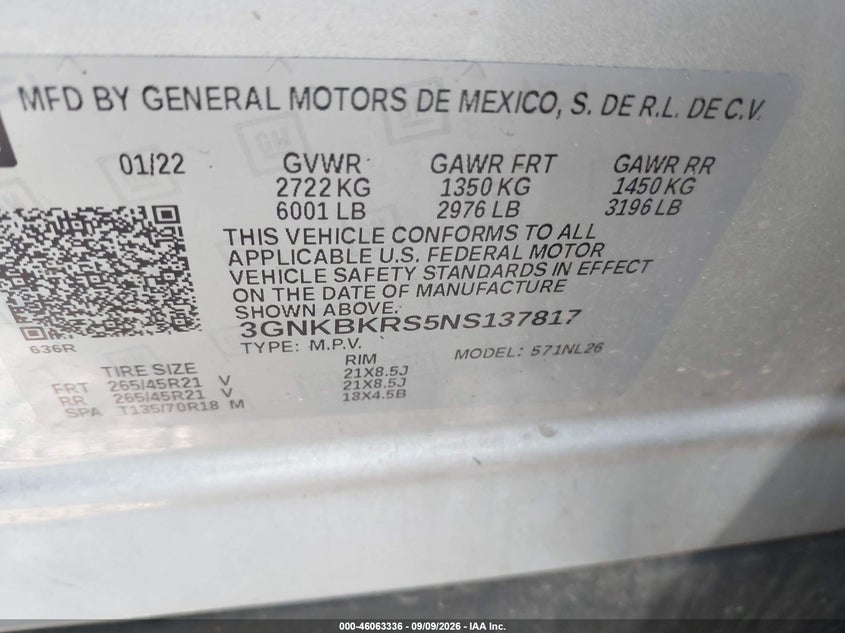 CHEVROLET BLAZER 2022 VIN 3GNKBKRS5NS137817