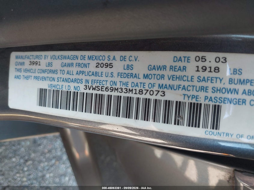 VOLKSWAGEN JETTA 2003 VIN 3VWSE69M33M187073