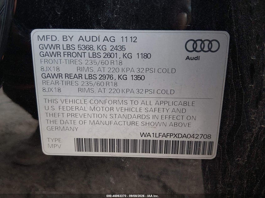 AUDI Q5 2013 VIN WA1LFAFPXDA042708