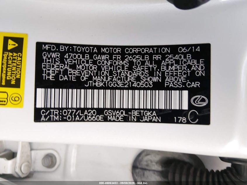 LEXUS ES 350 2014 VIN JTHBK1GG3E2140503