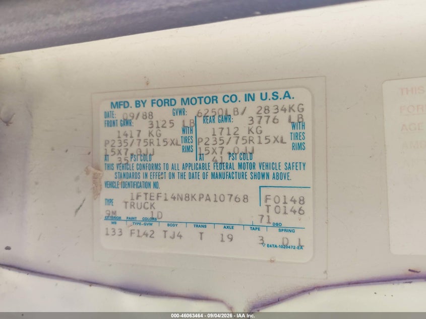 FORD F150 1989 VIN 1FTEF14N8KPA10768