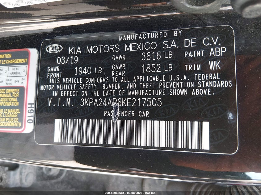 KIA RIO 2019 VIN 3KPA24AB6KE217505