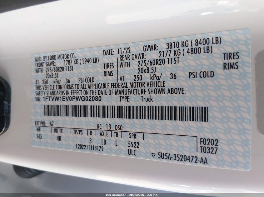 FORD F-150 LIGHTNING 2023 VIN 1FTVW1EV0PWG02080