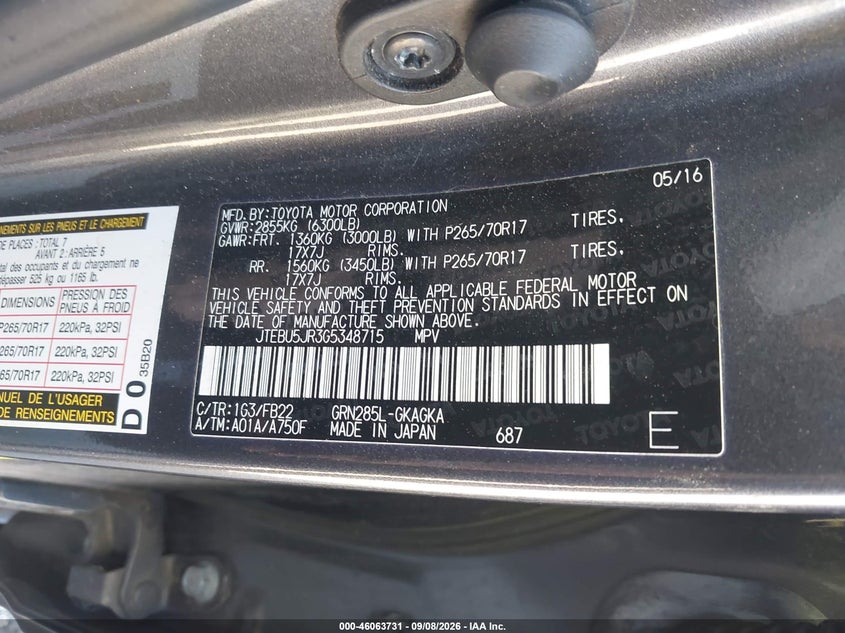 TOYOTA 4RUNNER 2016 VIN JTEBU5JR3G5348715