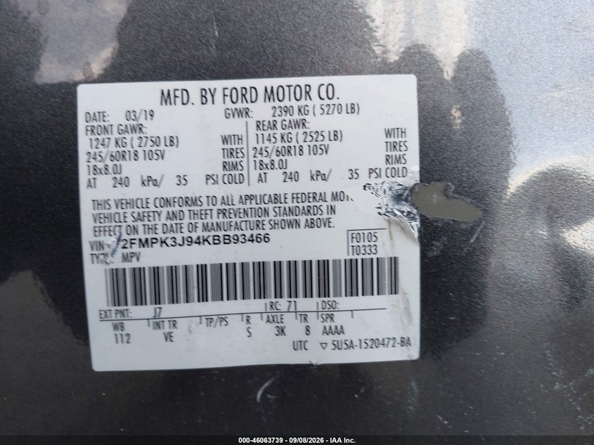 2019 FORD EDGE SPORT UTILITY VEHICLE 2.0L I-4 DI, DOHC, VVT, TURBO, PREMIUM , 250HP