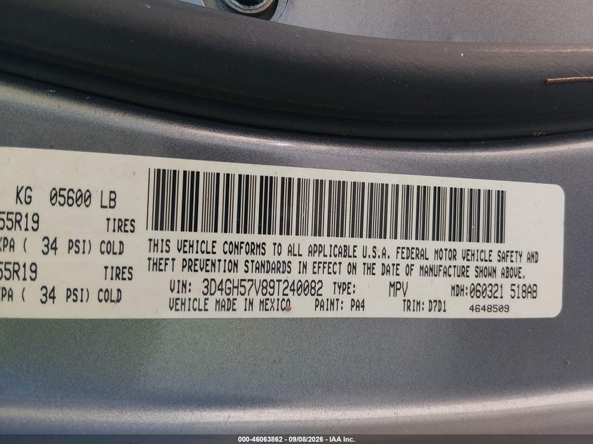 DODGE JOURNEY 2009 VIN 3D4GH57V89T240082