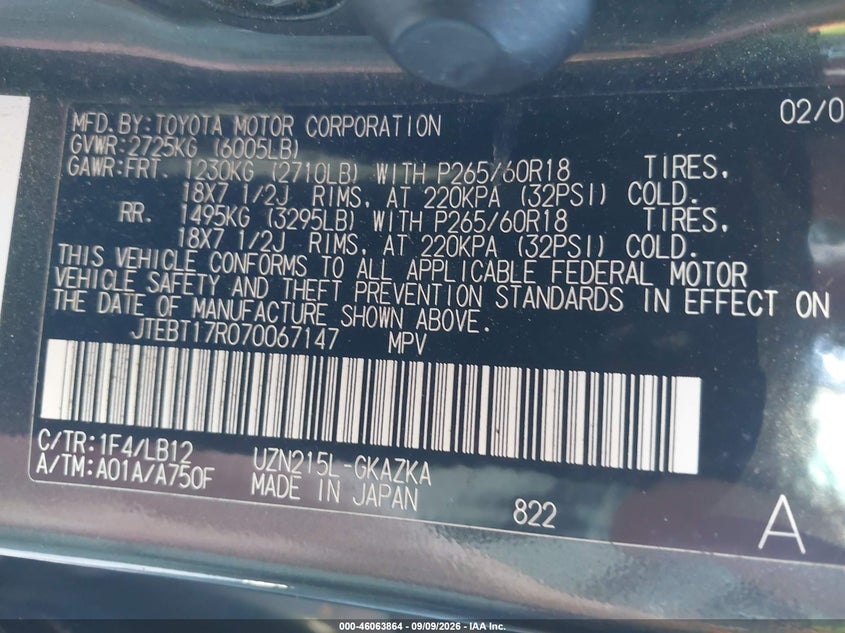 TOYOTA 4RUNNER 2007 VIN JTEBT17R070067147