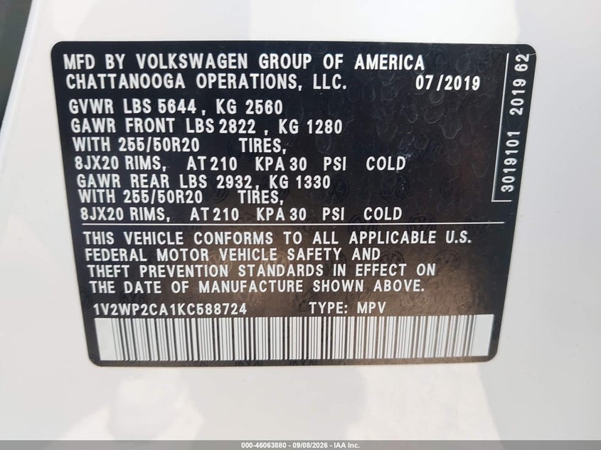 VOLKSWAGEN ATLAS 2019 VIN 1V2WP2CA1KC588724