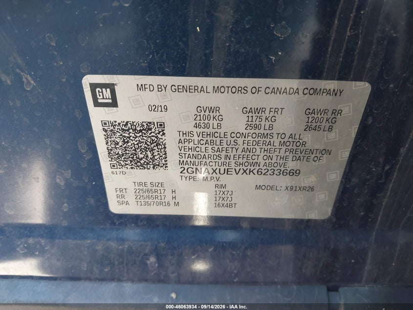 CHEVROLET EQUINOX 2019 VIN 2GNAXUEVXK6233669