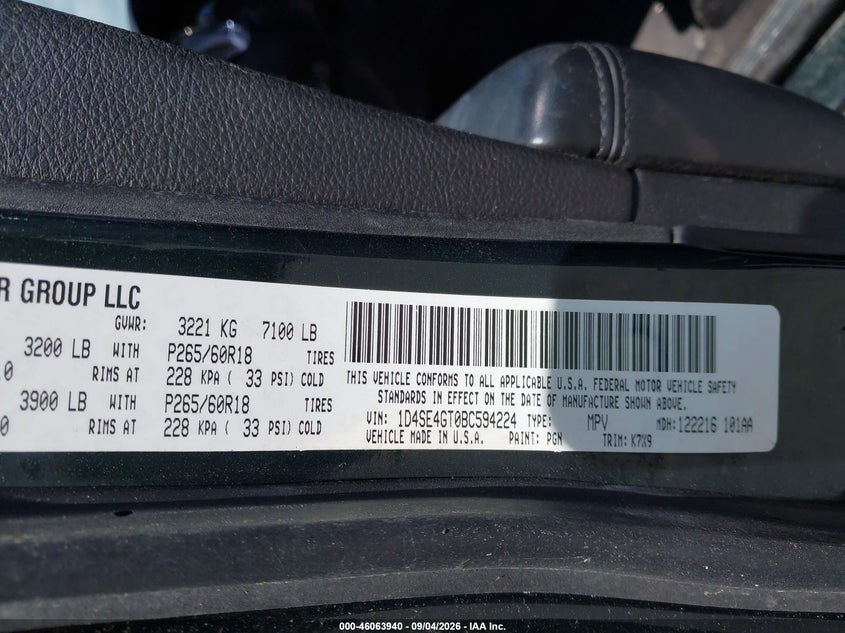 DODGE DURANGO 2011 VIN 1D4SE4GT0BC594224