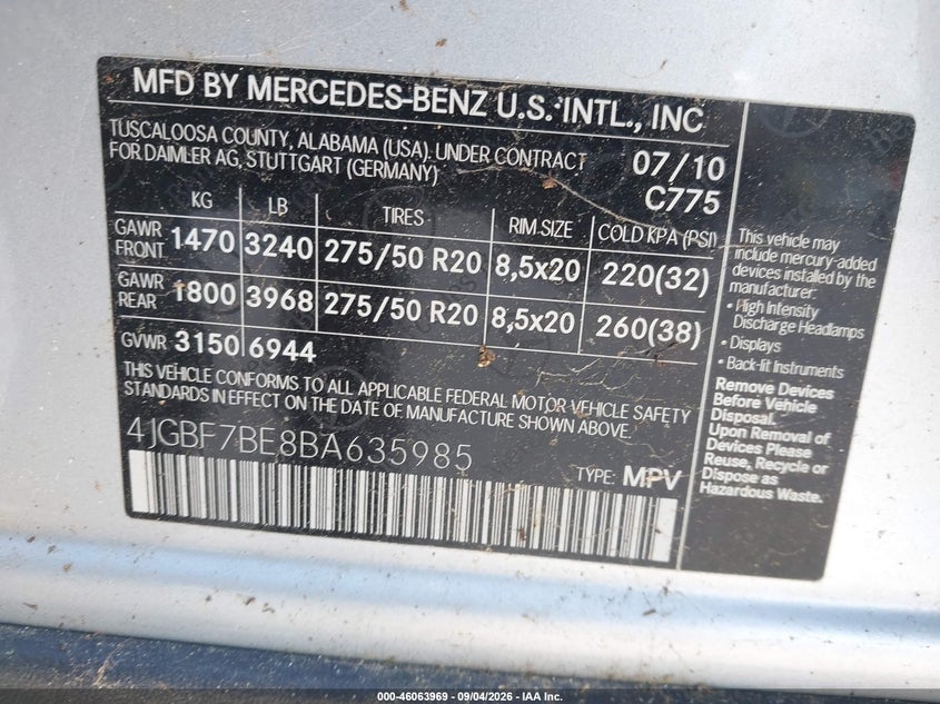 MERCEDES-BENZ GL 450 2011 VIN 4JGBF7BE8BA635985