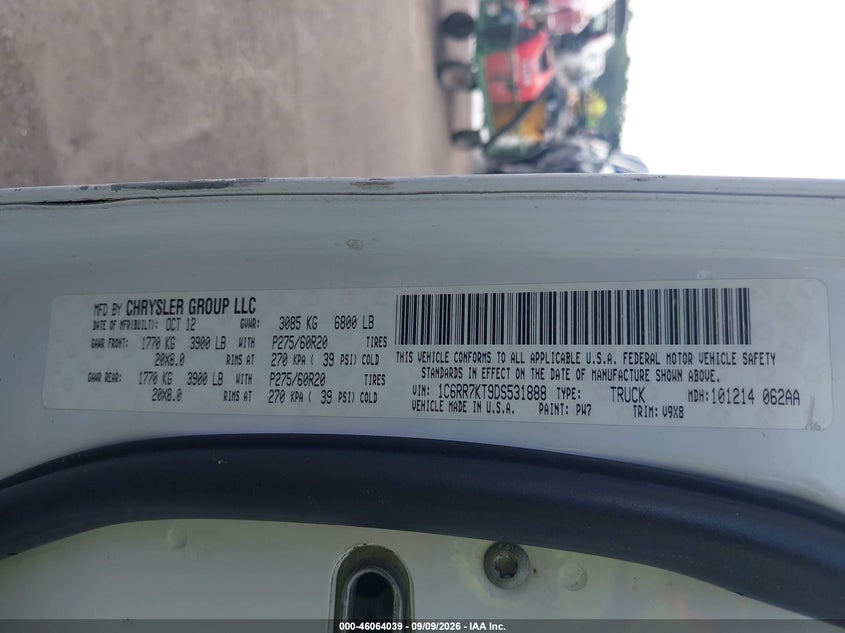 RAM 1500 2013 VIN 1C6RR7KT9DS531888