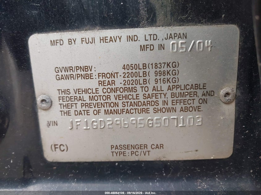 SUBARU IMPREZA 2005 VIN JF1GD29695G507103