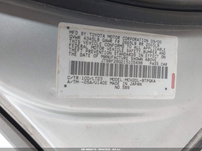 LEXUS ES 300 2001 VIN JT8BF28G215105498