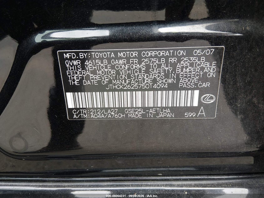 LEXUS IS 250 2007 VIN JTHCK262575014094