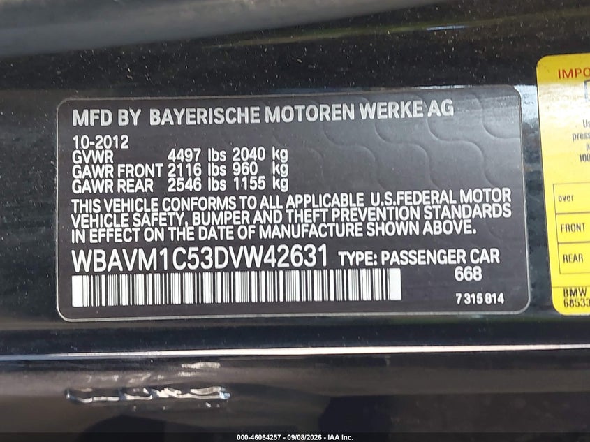 BMW X1 2013 VIN WBAVM1C53DVW42631